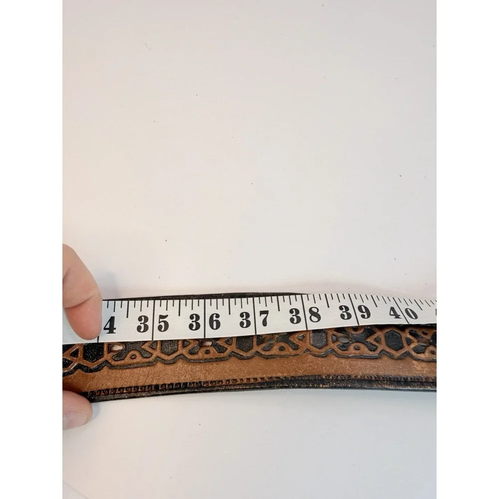 Hand Tooled Leather Belt Black Geometric Accents Vintage 38